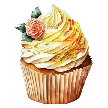 Watercolor drawing of dessert. Pastel Fancy Cupcake illustration.