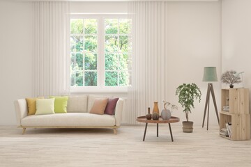 Bright interior design with modern furniture and summer landscape in window. 3D illustration