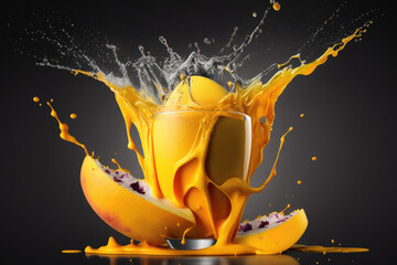 mango juice smoothie splash a captivating image of a mango juice smoothie in mid-splash, bursting with the sweet, tropical flavor of fresh mangoes, and a creamy, smooth texture.