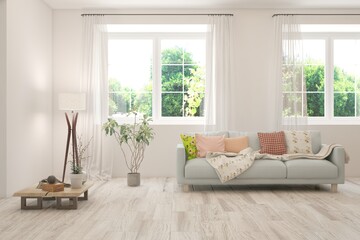 Bright interior design with modern furniture and summer landscape in window. 3D illustration