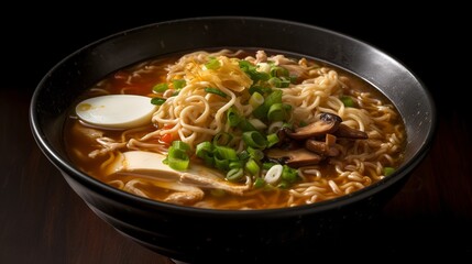 A bowl of spicy chicken ramen with tender chunks of chicken, mushrooms, bean sprouts, and scallions