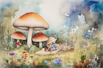 Naklejka na ściany i meble Create a watercolor painting of a joyful mushroom family enjoying a picnic in a field of wildflowers