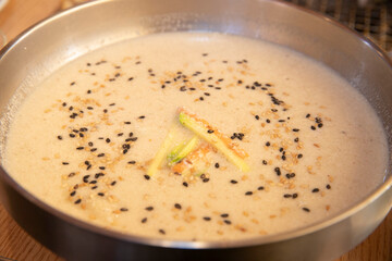 South Korea food. Perilla Seed Sujebi (Handpulled Dough Soup)