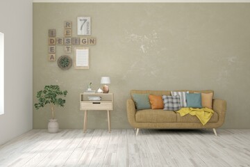 White scandinavian interior design with sofa. 3D illustration