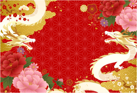 和柄の模様と花と辰(龍)の2024年の年賀状テンプレートのベクターイラスト背景