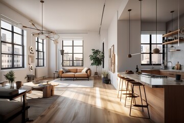 A Living Room Filled With Furniture And A Kitchen Area With A Table Living Room Photorealism Interior Design Generative AI