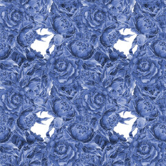 Seamless Pattern Hand Painted Watercolor Illustration Artwork Flowers peonies Cobalt Blue, Floral Textile Design, Elegant Monochrome Classic Print, Plants and Leaves Texture Background