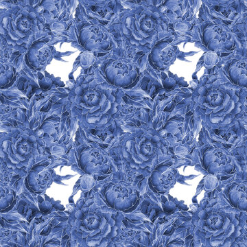 Seamless Pattern Hand Painted Watercolor Illustration Artwork Flowers peonies Cobalt Blue, Floral Textile Design, Elegant Monochrome Classic Print, Plants and Leaves Texture Background