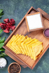 top view yummy pancakes with salt on blue background cake sweet dough meat pastry colors pie bake