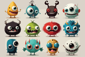 Vector illustration featuring a set of fantastical monsters with large eyes. - obrazy, fototapety, plakaty