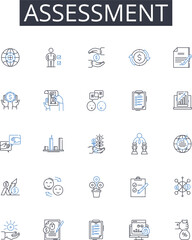 Assessment line icons collection. Appraisal, Evaluation, Analysis, Estimate, Judgment, Review, Diagnosis vector and linear illustration. Survey,Inspection,Diagnosis outline signs set