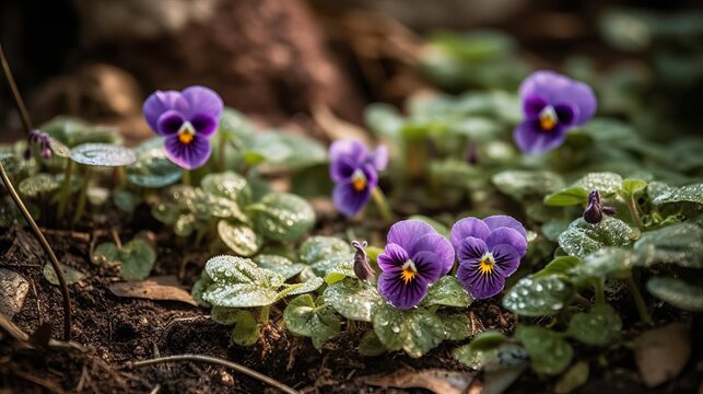 Violets growing in a peaceful garden setting. AI generated