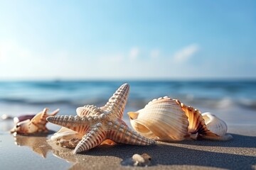 Obraz na płótnie Canvas sea shells and starfish on the beach, aigenerative