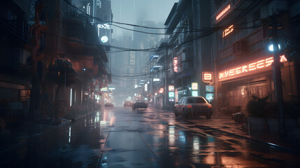 Fototapeta na wymiar photorealistic wide angle view of a cyberpunk city