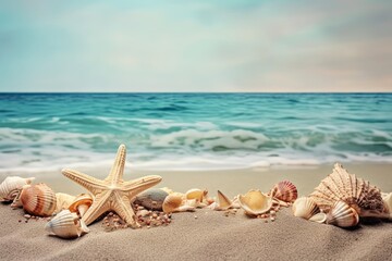 Fototapeta na wymiar sea shells and starfish on the beach, aigenerative