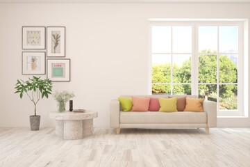Bright interior design with modern furniture and summer landscape in window. 3D illustration
