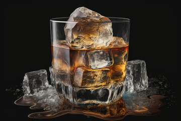 Whisky glass under ice cube chilled concept