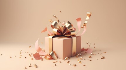 Gift box with golden ribbon on a beige background. Festive decoration of a gift, surprise..Created with generative AI