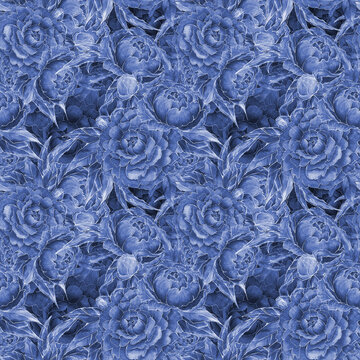 Solid Seamless Pattern, Watercolor Peonies with Line, Floral Fabric Print, Monochrome, Blue Monocolor