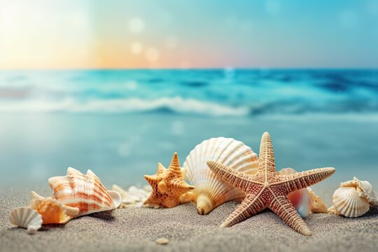 sea shells and starfish on the beach, aigenerative
