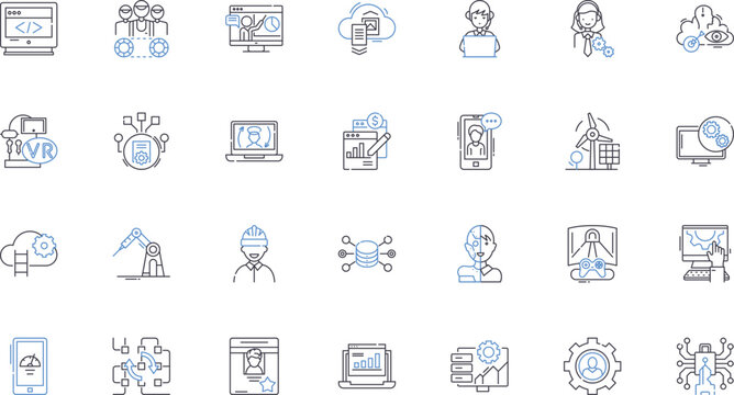 Streamlining line icons collection. implification, efficient, optimization, consolidation, integration, automation, standardization vector and linear illustration. reorganization, refinement
