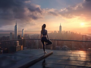 A woman does yoga over the roofs of the city