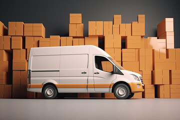 Minivan of the courier delivery service on the background of boxes. Generative AI