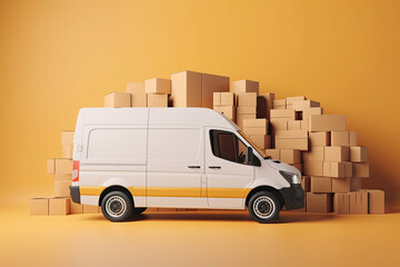A lot of cardboard boxes and a delivery car on a yellow background. Generative AI