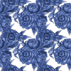 Seamless pattern with peonies and leaves on a dark background, Floral Textile Design, Elegant Monochrome blue Print, Plants and Leaves Texture Background