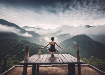 A woman practicing yoga on a top of a mountain, ai generative