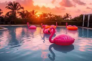 Inflatable pink flamingos in the hotel pool. Summer holiday concept. Generative AI