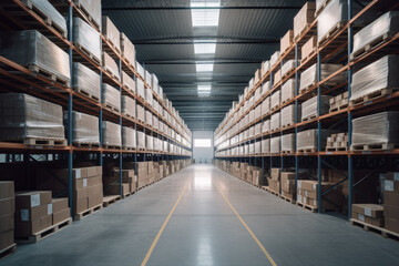 Huge commercial distribution warehouse with high shelves. Generative AI