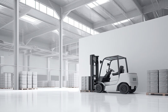 Concept of warehouse. The forklift in the big white warehouse. Generative AI