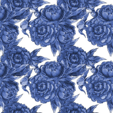 Seamless pattern with peonies and leaves on a dark background, Floral Textile Design, Elegant Monochrome blue Print, Plants and Leaves Texture Background