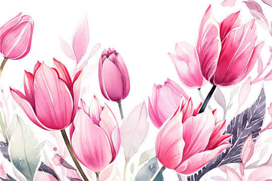Vector watercolor banner with beautiful framed tulip flowers for spring or summer holiday, women's day, mother's day, wedding.