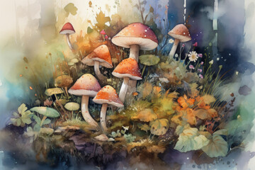 Fototapeta na wymiar Illustrate a lively watercolor painting of a group of mushrooms and flowers taking a hike through a forest of pine trees and wildflowers