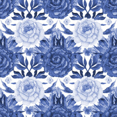 Seamless spring pattern with hyacinth, peonies and violets, on a white background Cobalt Blue, Floral Textile Design, Elegant Monochrome Classic Print, Plants and Leaves Texture Background