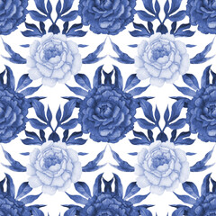 Seamless pattern with different peonies and leaves on a white background, Floral Textile Design, Elegant Monochrome blue Print, Plants and Leaves Texture Background