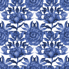 Seamless Pattern Watercolor, Floral Textile Design, Elegant Monochrome blue illustration with peonies and leaves