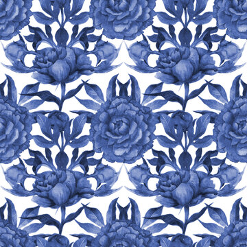 Seamless Pattern Watercolor, Floral Textile Design, Elegant Monochrome blue illustration with peonies and leaves