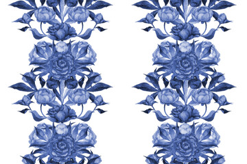Seamless Pattern Hand Painted Watercolor Illustration Artwork Flowers Peony and leaves Cobalt Blue, Floral Textile Design, Elegant Monochrome Classic Print, Plants and Leaves Texture Background