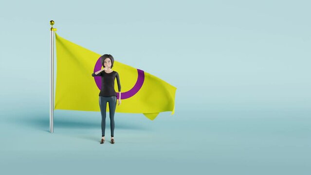 Animation of a woman standing in front of the intersex pride flag while waving her hand, with a blue background.