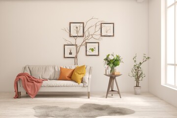 White living room with sofa. Scandinavian interior design. 3D illustration