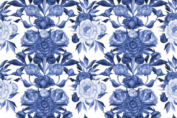 Seamless Pattern Hand Painted Watercolor Illustration Artwork Flowers Peony and leaves Cobalt Blue, Floral Textile Design, Elegant Monochrome Classic Print, Plants and Leaves Texture Background