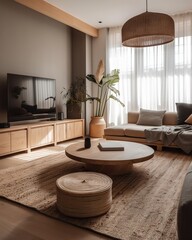 A Living Room With A Couch Coffee Table And Television In It Living Room Minimalism Interior Design Generative AI