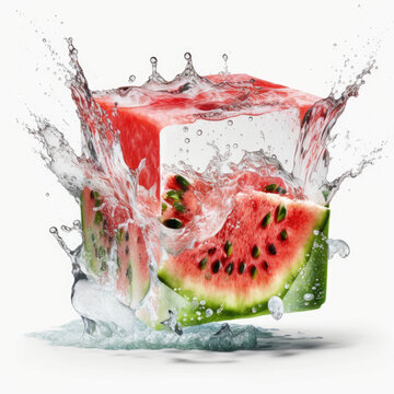 Watermelon cube splash under ice cube a striking and refreshing image capturing the moment when a watermelon cube splashes under a clear ice cube, highlighting the juicy and sweet flavor of this icon