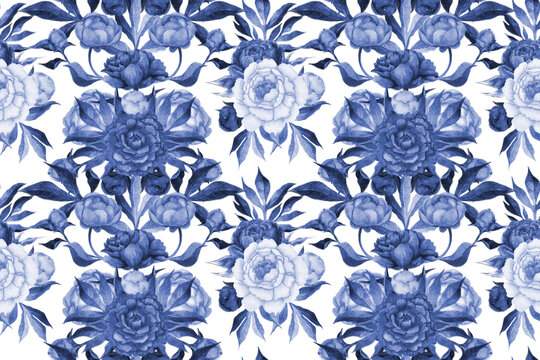 Seamless Pattern Hand Painted Watercolor Illustration Artwork Flowers Peony and leaves Cobalt Blue, Floral Textile Design, Elegant Monochrome Classic Print, Plants and Leaves Texture Background