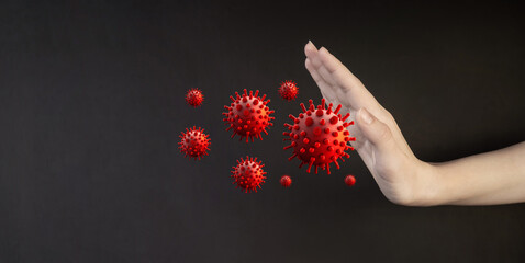 Human hand shows stop to the flying virus. Medicine concept. - obrazy, fototapety, plakaty