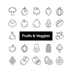 Fruits and Veggies icons pack. Fruits- nd Veggies symbols collection. Graphic icons element.