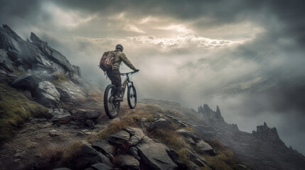 Mountainbiker bei schlechtem Wetter im Gelände Mountainbiking im Wald Trail Sommer Winter Illustration Digital Art Generative AI Hintergrund Sport Leistung Action